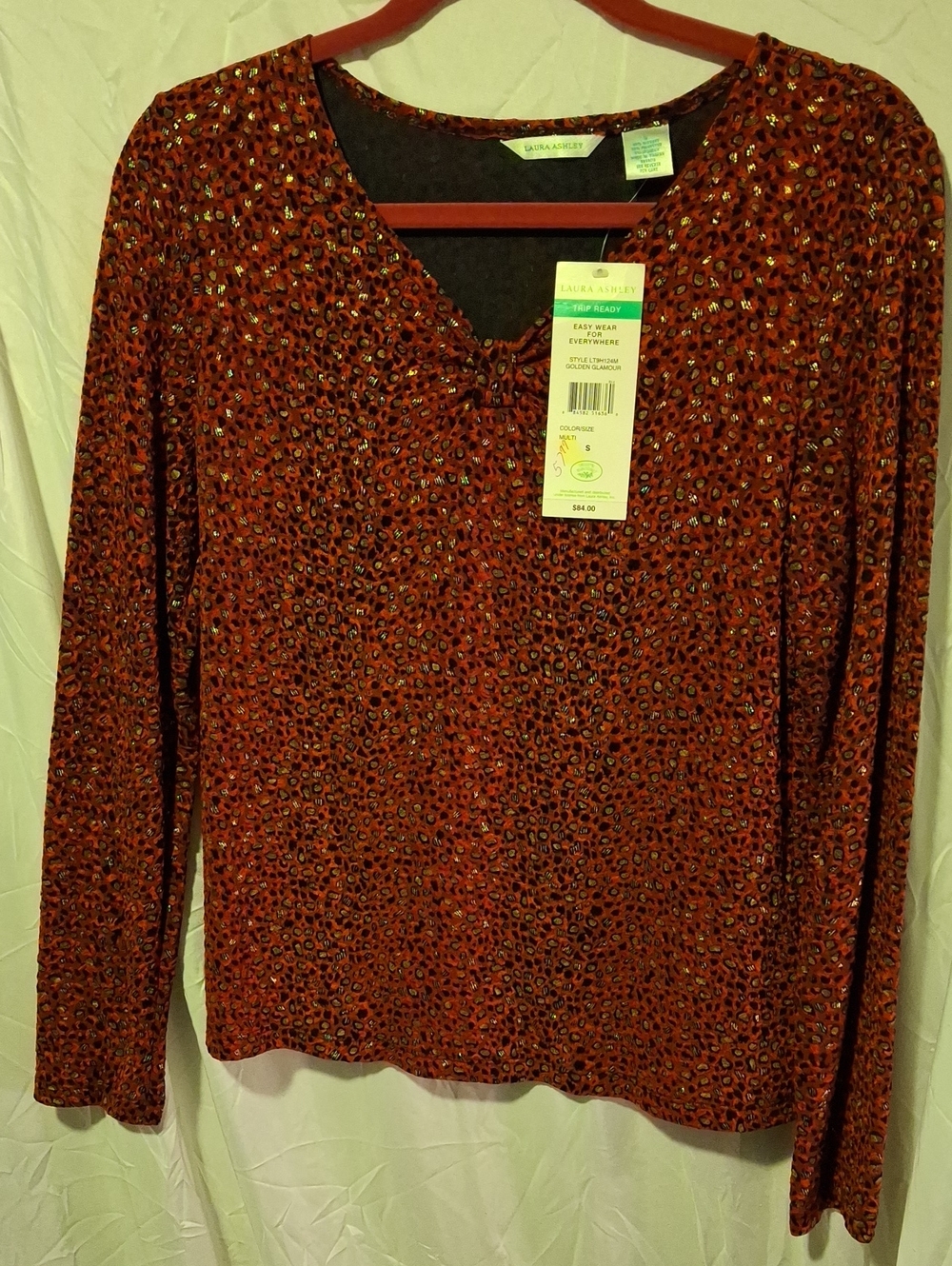 Laura Ashley Long Sleeve V-Neck Leopard Print Top in Rust Red